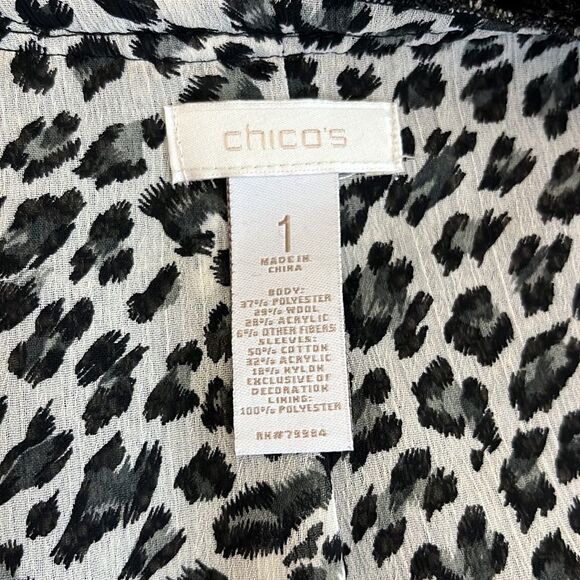 Chico’s Animal Print Tweed Chevron Bone Wool Blend Cardigan Black White Medium - Picture 4 of 7